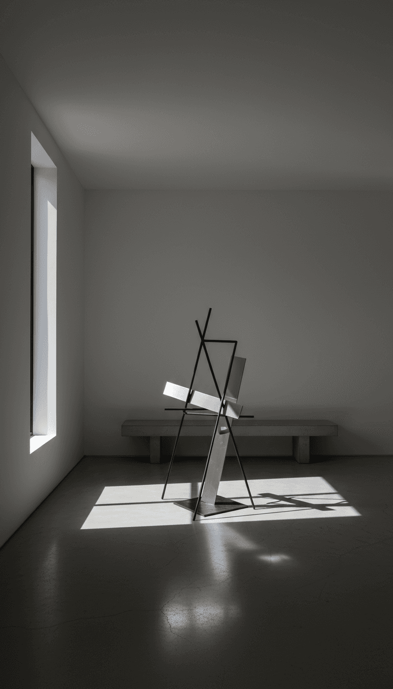 Minimalist studio with dramatic lighting and a modern sculpture